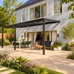 Terrassenüberdachung Plus 7 x 3,5 Meter Mattschwarz klares Glas moderne Rinne – Seitenansicht