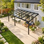 Terrassenüberdachung Plus 7 x 3,5 Meter Mattschwarz klares Glas moderne Rinne – Dachansicht
