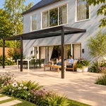 Terrassenüberdachung Plus 7 x 3,5 Meter Mattschwarz klares Glas moderne Rinne – Gartenblick