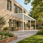 Terrassenüberdachung Plus 7,03 x 3,5 Meter Mattweiß Klarglas moderne Rinne – Gartenleben