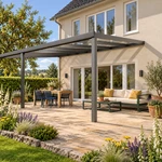Terrassenüberdachung Plus 7 x 4 Meter Anthrazit klares Glas moderne Rinne – Seitenansicht