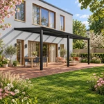 Terrassenüberdachung Plus 7 x 4 Meter Mattschwarz klares Glas moderne Rinne – Gesamtansicht