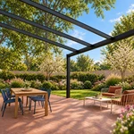 Terrassenüberdachung Plus 7 x 4 Meter Mattschwarz klares Glas moderne Rinne – Unteransicht