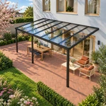 Terrassenüberdachung Plus 7 x 4 Meter Mattschwarz klares Glas moderne Rinne – Dachansicht