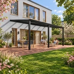 Terrassenüberdachung Plus 7 x 4 Meter Mattschwarz klares Glas moderne Rinne – Gartenleben