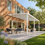 Terrassenüberdachung Plus 7,03 x 4,0 Meter Mattweiß Klarglas moderne Rinne – Gesamtansicht