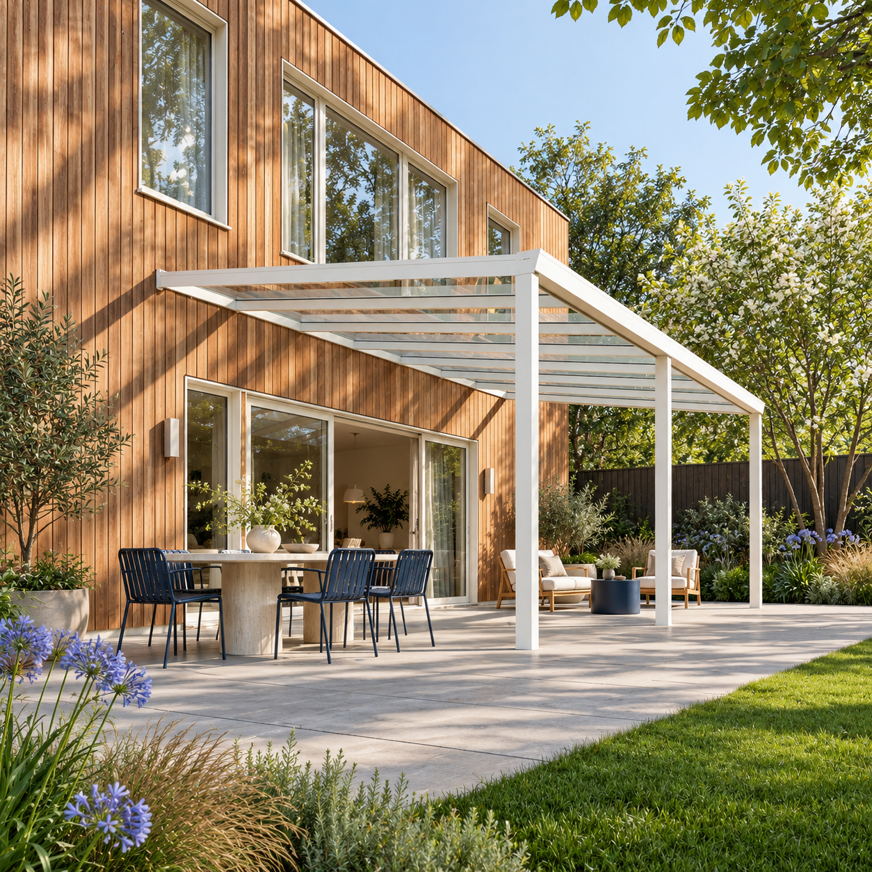 Terrassenüberdachung Plus 7,03 x 4,0 Meter Mattweiß Klarglas moderne Rinne – Gesamtansicht Terrassenüberdachung Plus 7,03 x 4,0 Meter Mattweiß Klarglas moderne Rinne – Gesamtansicht
