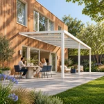 Terrassenüberdachung Plus 7,03 x 4,0 Meter Mattweiß Klarglas moderne Rinne – Gartenblick