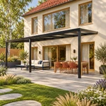 Terrassenüberdachung Plus 8 x 3 Meter Mattschwarz klares Glas moderne Rinne – Seitenansicht