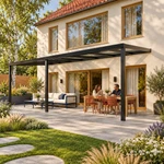Terrassenüberdachung Plus 8 x 3 Meter Mattschwarz klares Glas moderne Rinne – Gartenblick
