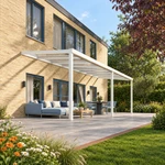 Terrassenüberdachung Plus 8,03 x 3,0 Meter Mattweiß Klarglas moderne Rinne – Gesamtansicht