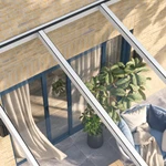 Terrassenüberdachung Plus 8,03 x 3,0 Meter Mattweiß Klarglas moderne Rinne – Glasdetail