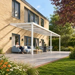 Terrassenüberdachung Plus 8,03 x 3,0 Meter Mattweiß Klarglas moderne Rinne – Gartenleben