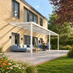 Terrassenüberdachung Plus 8,03 x 3,0 Meter Mattweiß Klarglas moderne Rinne – Gartenblick