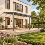 Terrassenüberdachung Plus 8 x 3,5 Meter Anthrazit klares Glas moderne Rinne – Gesamtansicht