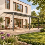 Terrassenüberdachung Plus 8 x 3,5 Meter Anthrazit klares Glas moderne Rinne – Gartenleben