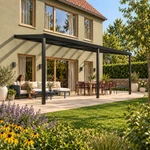 Terrassenüberdachung Plus 8,03 x 3,5 Meter Mattschwarz Klarglas moderne Rinne – Gartenleben