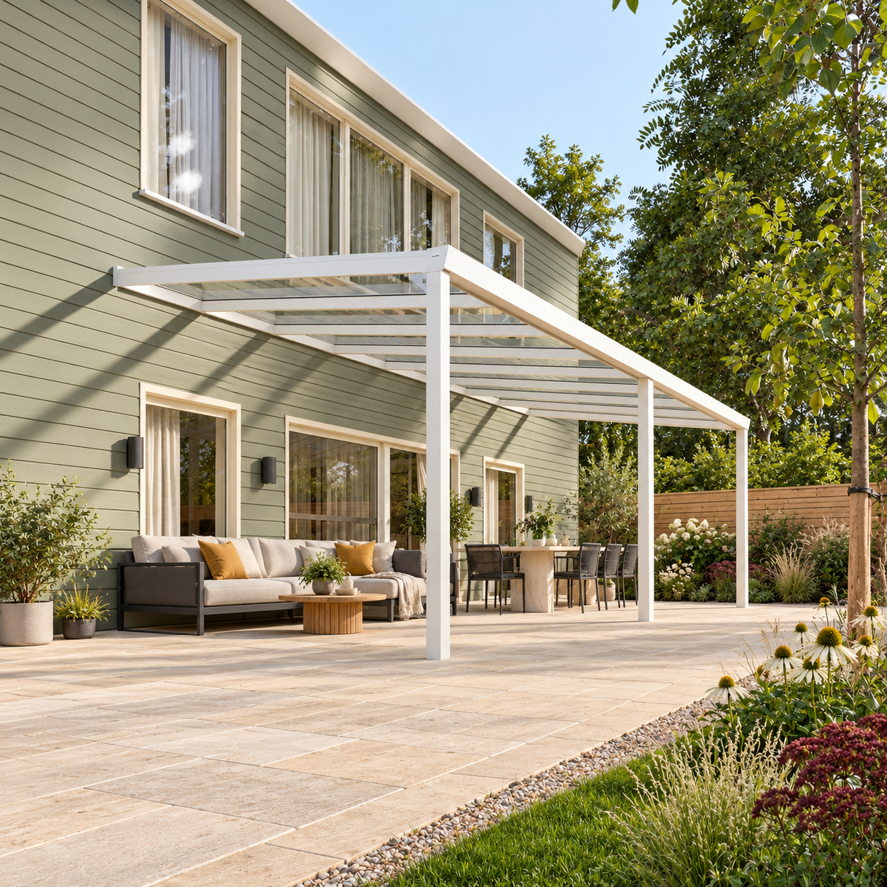 Terrassenüberdachung Plus 8,03 x 3,5 Meter Mattweiß Klarglas moderne Rinne – Gesamtansicht Terrassenüberdachung Plus 8,03 x 3,5 Meter Mattweiß Klarglas moderne Rinne – Gesamtansicht