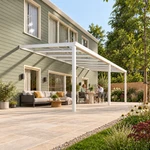 Terrassenüberdachung Plus 8,03 x 3,5 Meter Mattweiß Klarglas moderne Rinne – Gartenblick