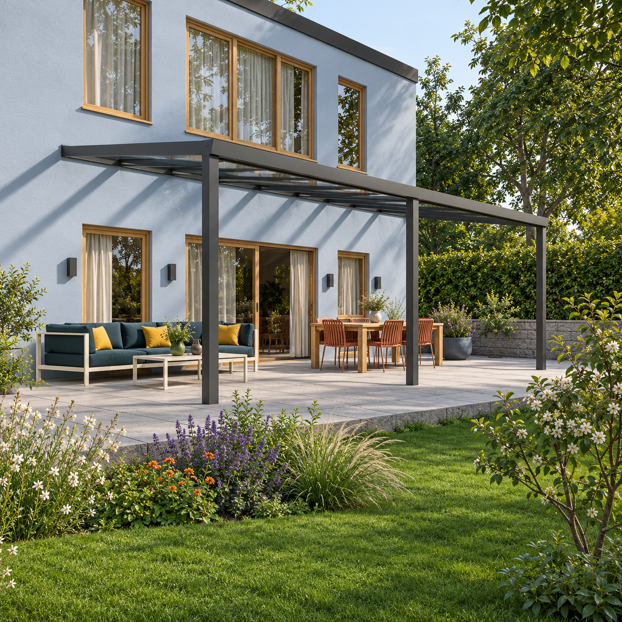Terrassenüberdachung Plus 8 x 4 Meter Anthrazit klares Glas moderne Rinne – Gesamtansicht Terrassenüberdachung Plus 8 x 4 Meter Anthrazit klares Glas moderne Rinne – Gesamtansicht