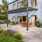Terrassenüberdachung Plus 8 x 4 Meter Anthrazit klares Glas moderne Rinne – Seitenansicht