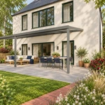 Terrassenüberdachung Plus 9,03 x 3,0 Meter Anthrazit Klarglas moderne Rinne – Seitenansicht