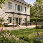 Terrassenüberdachung Plus 9 x 3,5 Meter Mattschwarz klares Glas moderne Rinne – Gesamtansicht