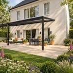 Terrassenüberdachung Plus 9 x 3,5 Meter Mattschwarz klares Glas moderne Rinne – Seitenansicht