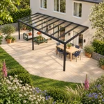 Terrassenüberdachung Plus 9 x 3,5 Meter Mattschwarz klares Glas moderne Rinne – Dachansicht