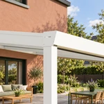 Terrassenüberdachung Plus 9,03 x 3,5 Meter Matt weiß Klarglas moderne Rinne – Rinnendetail