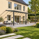 Terrassenüberdachung Plus 9 x 4 Meter Anthrazit klares Glas moderne Rinne – Gesamtansicht