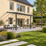 Terrassenüberdachung Plus 9 x 4 Meter Anthrazit klares Glas moderne Rinne – Gartenblick