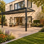 Terrassenüberdachung Plus 9,03 x 4 Meter Mattschwarz Klarglas moderne Rinne – Gartenblick