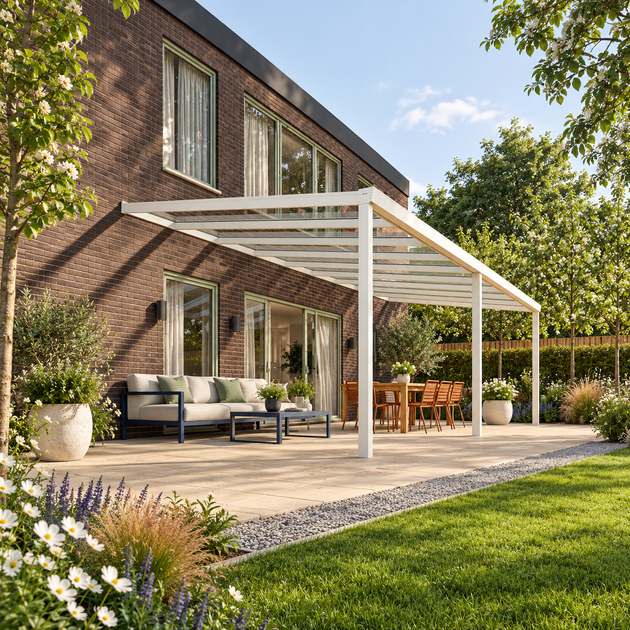 Terrassenüberdachung Plus 9,03 x 4,0 Meter Matt weiß Klarglas moderne Rinne – Gesamtansicht Terrassenüberdachung Plus 9,03 x 4,0 Meter Matt weiß Klarglas moderne Rinne – Gesamtansicht