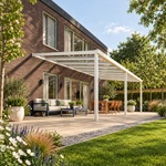 Terrassenüberdachung Plus 9,03 x 4,0 Meter Matt weiß Klarglas moderne Rinne – Gartenblick