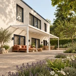 Terrassenüberdachung Plus 10,03 x 2,5 Meter Mattweiß Opal-Polycarbonat moderne Rinne – Gesamtansicht