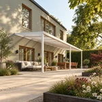 Terrassenüberdachung Plus 10,03 x 3,0 Meter Mattweiß Opal-Polycarbonat moderne Rinne – Gesamtansicht