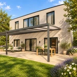 Terrassenüberdachung Plus 10 x 4 Meter Anthrazit opales Polycarbonat moderne Rinne – Seitenansicht
