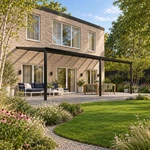 Terrassenüberdachung Plus 10,03 x 4,0 Meter Mattschwarz Opal-Polycarbonat moderne Rinne – Gesamtansicht