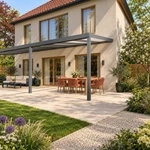 Terrassenüberdachung Plus 11 x 3,5 Meter Anthrazit opales Polycarbonat moderne Rinne – Seitenansicht
