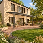 Terrassenüberdachung Plus 11,03 x 4 Meter Anthrazit Opal Polycarbonat moderne Rinne – Vorderansicht