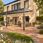 Terrassenüberdachung Plus 11,03 x 4 Meter Anthrazit Opal Polycarbonat moderne Rinne – Seitenansicht