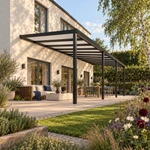 Terrassenüberdachung Plus 11,03 x 4 Meter Mattschwarz Opal Polycarbonat moderne Rinne – Gesamtansicht