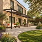 Terrassenüberdachung Plus 12,03 x 2,5 Meter Mattschwarz Opal Polycarbonat moderne Rinne – Gesamtansicht