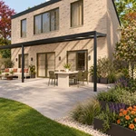 Terrassenüberdachung Plus 12,03 x 2,5 Meter Mattschwarz Opal Polycarbonat moderne Rinne – Seitenansicht