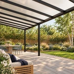 Terrassenüberdachung Plus 12,03 x 3,5 Meter Mattschwarz Opal Polycarbonat moderne Rinne – Unter dem Dach