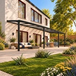 Terrassenüberdachung Plus 12,03 x 3,5 Meter Mattschwarz Opal Polycarbonat moderne Rinne – Vorderansicht