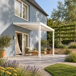 Terrassenüberdachung Plus 3 x 3 Meter Mattweiß opales Polycarbonat moderne Rinne – Gesamtansicht