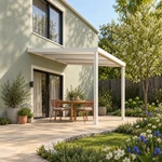 Terrassenüberdachung Plus 3,03 x 3,5 Meter Mattweiß Opal-Polycarbonat moderne Rinne – Gesamtansicht