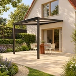 Terrassenüberdachung Plus 3 x 4 Meter Mattschwarz opales Polycarbonat moderne Rinne – Seitenansicht